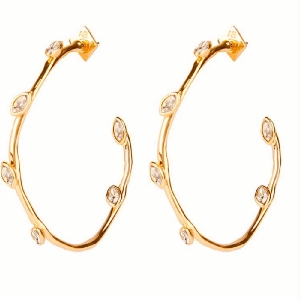 Alexis Bittar Hoop Earrings C-shaped Half Crystal Open CZ Jeweled Gold Navette